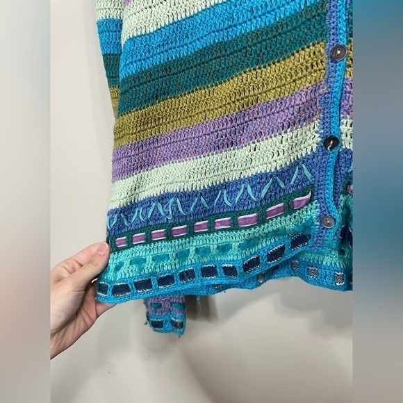 Northern Isles crochet knit cardi sweater striped Blue Medium - Picture 8 of 9